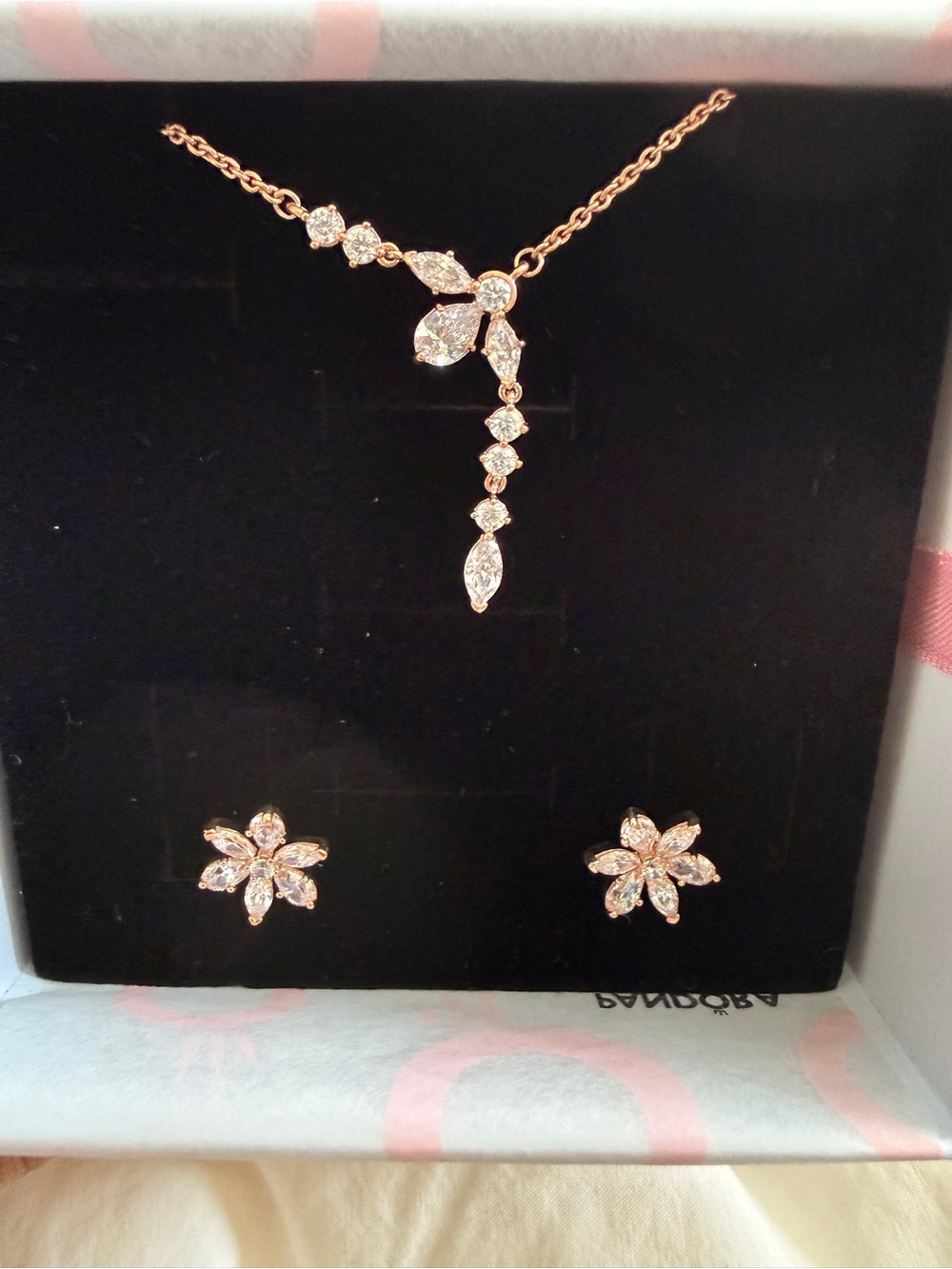 Pandora Rose Gold Floral Crystal Necklace and Stud Earrings